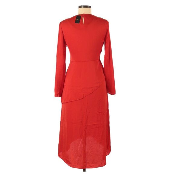 MAJE Remania satin tiered a-line long sleeve crewneck red career dress Sz 1 NEW - Picture 2 of 9